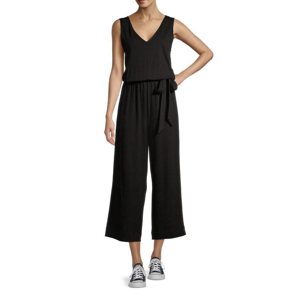 Time and Tru L (12-14) Jumpsuit Cropped Black‎ Sleeveless V-Neck Belted Pockets